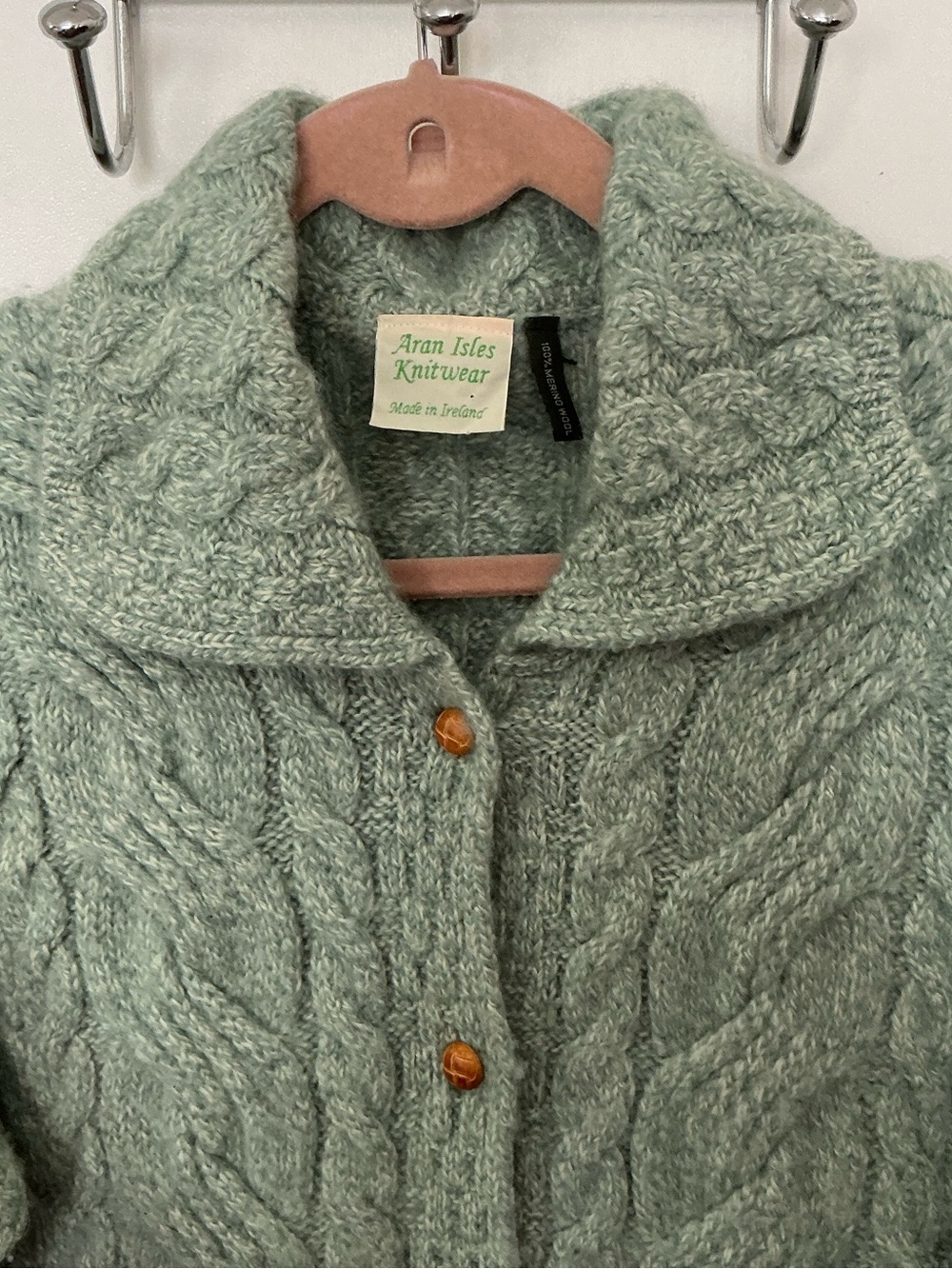 Aran Crafts Sage Green Cable Knit 100% Merino Wool Cardigan XL - Picture 4 of 6